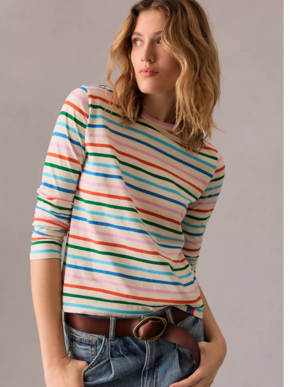 KULE The Modern Tee in Rainbow Stripe Cotton Long Sleeve Shirt Size Small